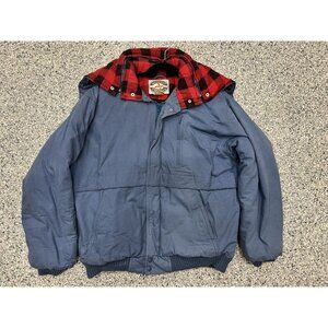 Midwest Traders XL Blue Winter Jacket With Red Buffalo Plaid Lining And Hood
